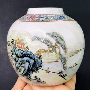 Vintage Chinese Jasmine Tea Jar Porcelain Enameled Hand Painted Scenery Vase Pot